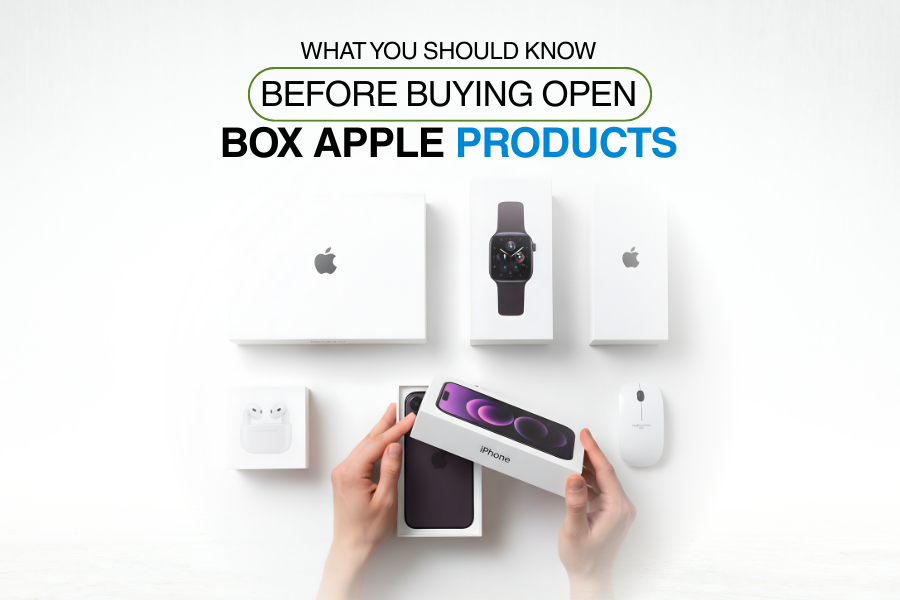 Hands unboxing an iPhone beside Apple Watch, AirPods, and Mac accessories — open box Apple products guide.