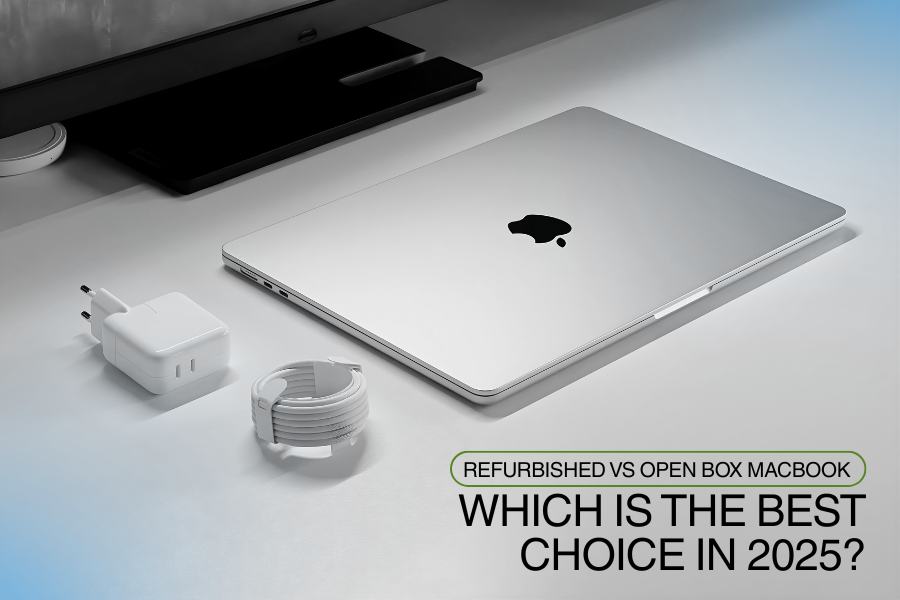 Sleek silver MacBook with charger on a desk promoting refurbished vs open box comparison.